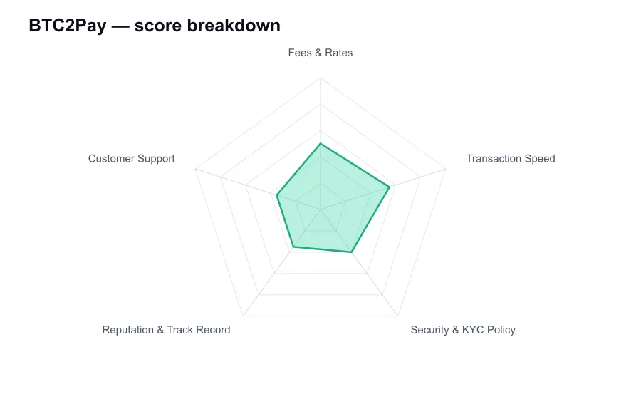 BTC2Pay score breakdown by criterion, shown as a radar chart