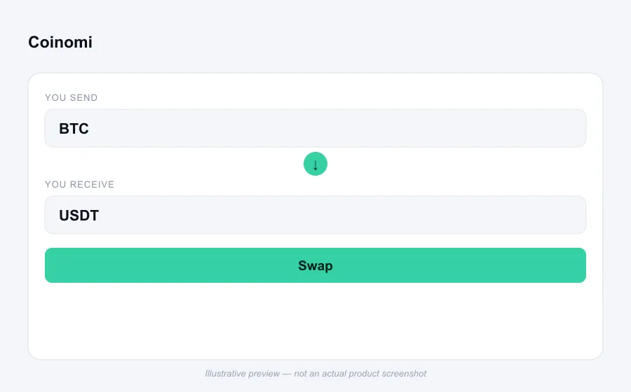Illustrative swap flow preview for Coinomi - not an actual product screenshot