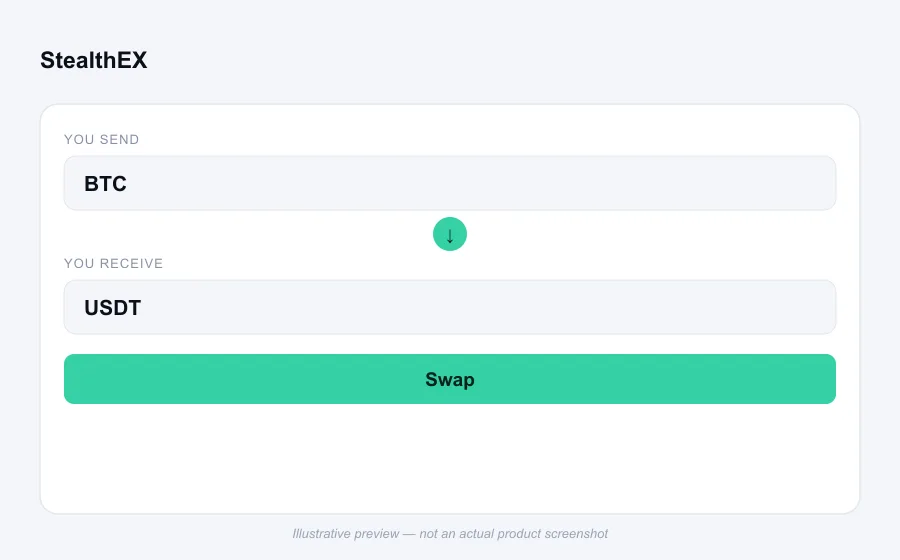 Illustrative swap flow preview for StealthEX - not an actual product screenshot