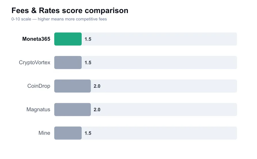 Moneta365 fees score compared against similar providers