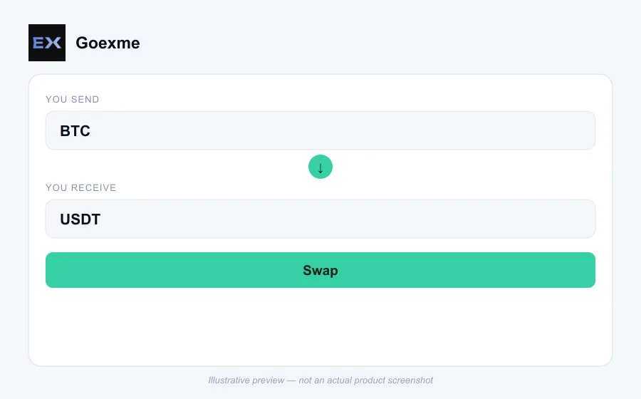 Illustrative swap flow preview for Goexme - not an actual product screenshot